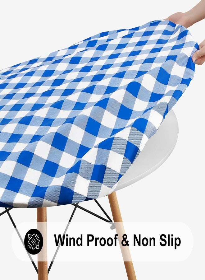 Smiry Round Picnic Tablecloth, Elastic Waterproof Fitted Vinyl Tablecloths for 36"-44" Tables, Flannel Backed Buffalo Plaid Table Cover for Dining, Camping, Outdoor, White and Blue - Image 2