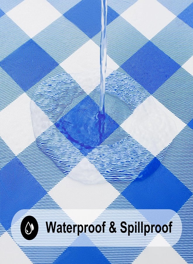 Smiry Round Picnic Tablecloth, Elastic Waterproof Fitted Vinyl Tablecloths for 36"-44" Tables, Flannel Backed Buffalo Plaid Table Cover for Dining, Camping, Outdoor, White and Blue - Image 3