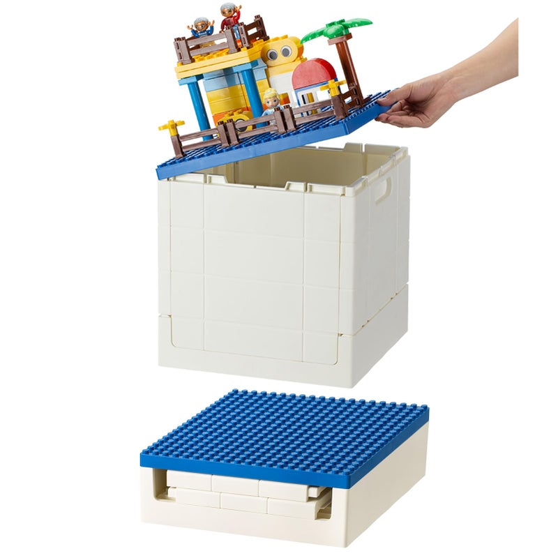 SHIMOYAMA Folding Storage Box with Building Lid for Duplo Blocks 26 Qt Foldable Toy Container 25L Collapsible Storage Bin with Building Baseplate for Lego Bricks Blue