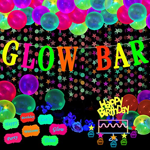 Tenare Glow Neon Party Supplies Glow Bar Banner Fluorescent Balloons Yellow Happy Birthday Cake Toppers Star Cupcake Toppers Fluorescent Table Tent Cards for Birthday Party - Image 1