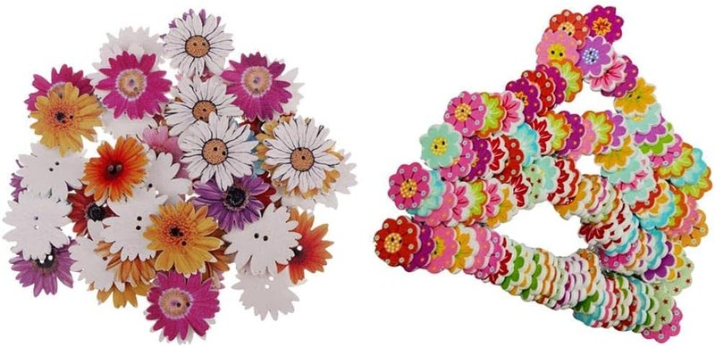 150Pcs Novelty Baby Buttons - Colorful Daisy Flower Wooden Craft Buttons for Sewing, Cardmaking, Scrapbooking - 2-Holes Cute Embellishments - Great for DIY Projects
