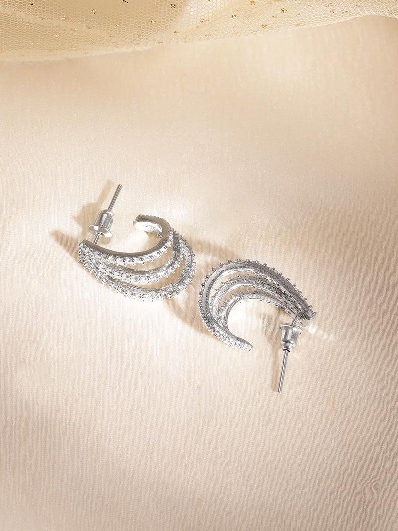 Rubans Womens Rhodium Plated Cubic Zirconia Studded Hoop Earrings - Image 2