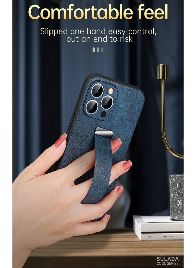 SULADA حافظة متوافقة مع آيفون 12 برو/ماكس مع حلقة وحامل حزام جلد فاخر للأعمال بتصميم عتيق نحيف غير قابل للانزلاق مع قبضة ناعمة مضادة للصدمات للرجال والنساء هدية حافظة هاتف زرقاء - Image 3