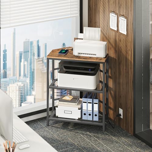 MAHANCRIS Corner Printer Stand with Charging Station 3Tier Large Printer Table with Adjustable Feet Metal Frame Storage Shelf for Office Living Room Small Space Rustic Brown PTHR14E01 - Image 3