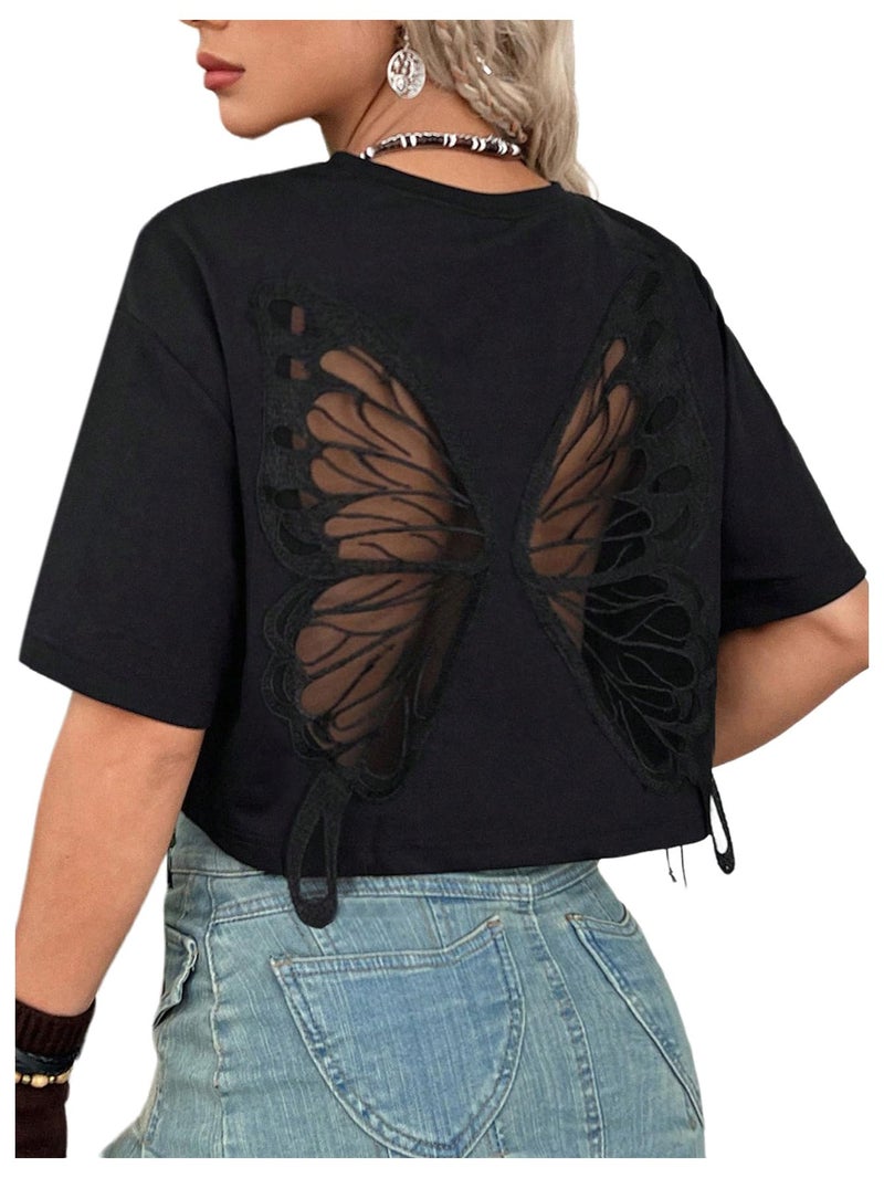 Verdusa Women's Gothic Butterfly Emo T Shirts Goth Witchy Fairy Crop Tops Grunge Alternative Clothes Black Medium - Image 3