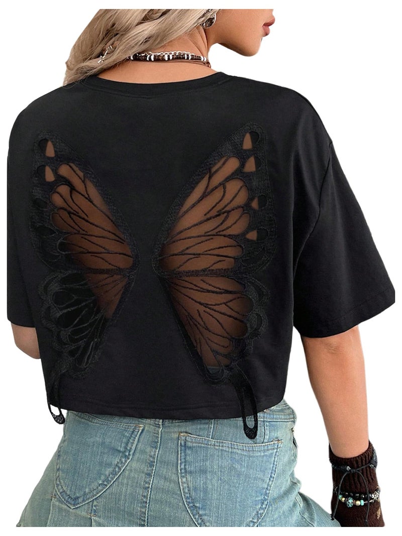 Verdusa Women's Gothic Butterfly Emo T Shirts Goth Witchy Fairy Crop Tops Grunge Alternative Clothes Black Medium - Image 4