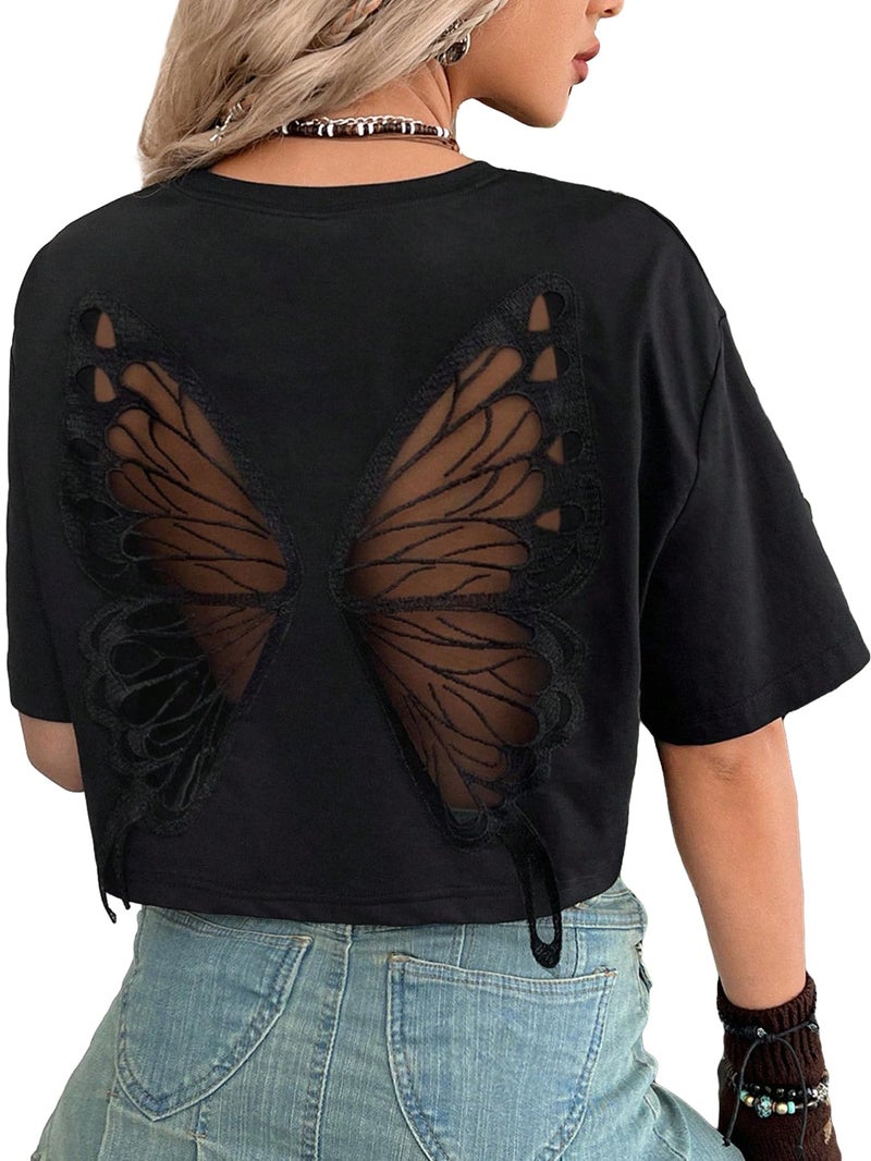 Verdusa Women's Gothic Butterfly Emo T Shirts Goth Witchy Fairy Crop Tops Grunge Alternative Clothes Black Medium - Image 1