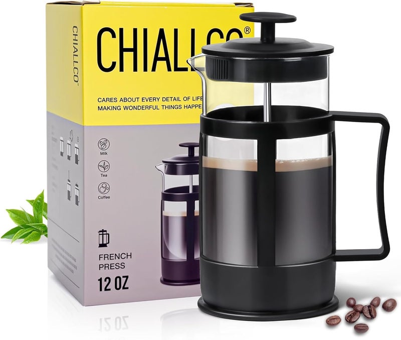 Chiallco Mini French Press Coffee Maker, Heat Resistant Thickened Borosilicate Classic Glass Stainless Steel Coffee Press, 12OZ Heat Cold Brew Coffee Pot Tea Press for Kitchen Travel Camping，Black - Image 1