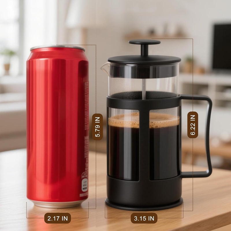 Chiallco Mini French Press Coffee Maker, Heat Resistant Thickened Borosilicate Classic Glass Stainless Steel Coffee Press, 12OZ Heat Cold Brew Coffee Pot Tea Press for Kitchen Travel Camping，Black - Image 4