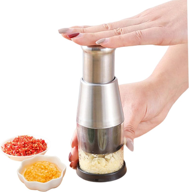 Deoxys Onion Press Chopper Hand Manual Garlic Vegetable Maker Portable Food Processor with Stainless Steel Blade Mincer Blender for Chili Onion Minced Meat Spices Kitchen Silver - Image 1