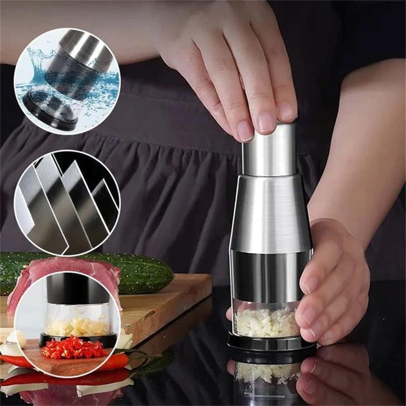 Deoxys Onion Press Chopper Hand Manual Garlic Vegetable Maker Portable Food Processor with Stainless Steel Blade Mincer Blender for Chili Onion Minced Meat Spices Kitchen Silver - Image 2