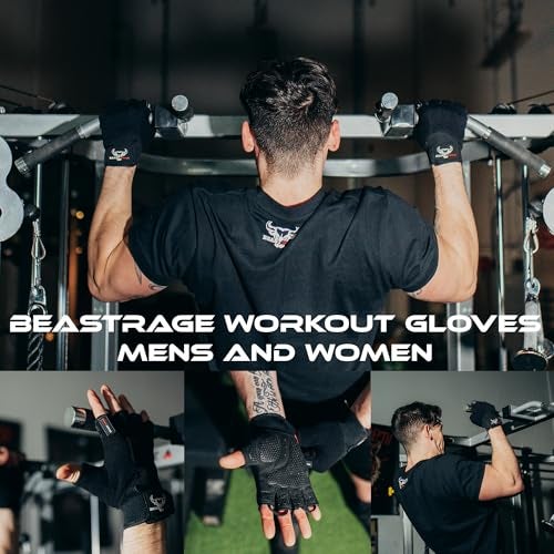 BEAST RAGE Workout Gloves for Men, Durable Palm Grip Gym Gloves Women Half Finger Elasticated Training Weight Lifting Strength Bodybuilding Anti Slip Cycling Glove Exercise (Jet Black, M) - Image 2
