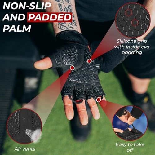 BEAST RAGE Workout Gloves for Men, Durable Palm Grip Gym Gloves Women Half Finger Elasticated Training Weight Lifting Strength Bodybuilding Anti Slip Cycling Glove Exercise (Jet Black, M) - Image 4