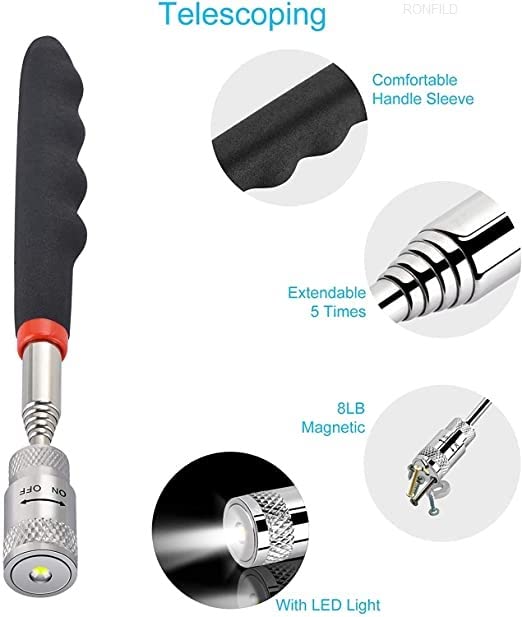 RONFILD Telescoping Magnet LightStainless Steel Magnet StickMagnetic Telescopic ToolMagnetic Telescoping Picking Tool with LED Flash Light 8lbs Telescopic Magnetic Pickup Tool - Image 5