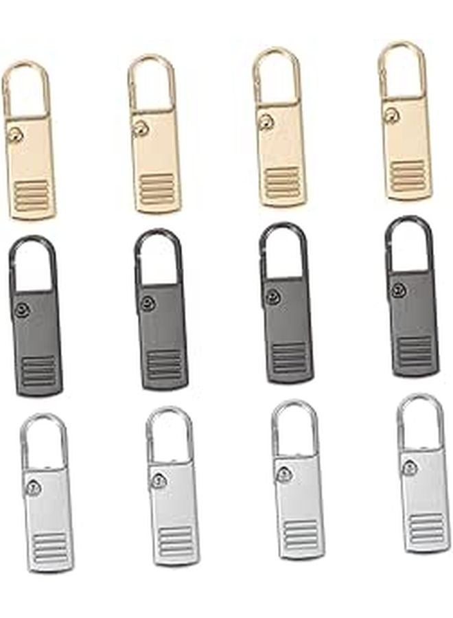 12Pcs Mirror Plated Metal Zipper Pull Tabs Black Silver Gold Replacement Puller - Image 1