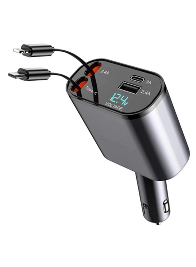 Panvil 120W Retractable Car Charger with Dual USB & Type-C Ports | Fast Charging Adapter for iPhone & Android | Voltage Display | Universal Car Compatibility - Image 1