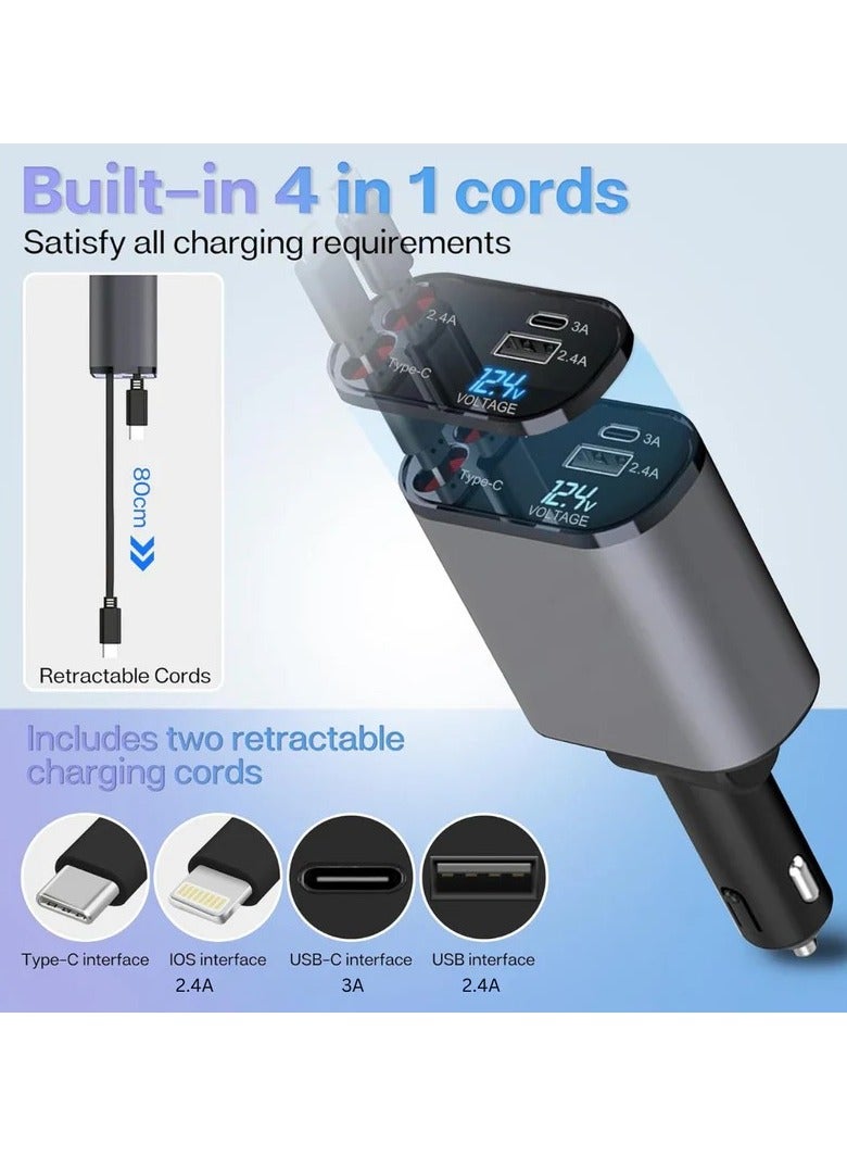 Panvil 120W Retractable Car Charger with Dual USB & Type-C Ports | Fast Charging Adapter for iPhone & Android | Voltage Display | Universal Car Compatibility - Image 2