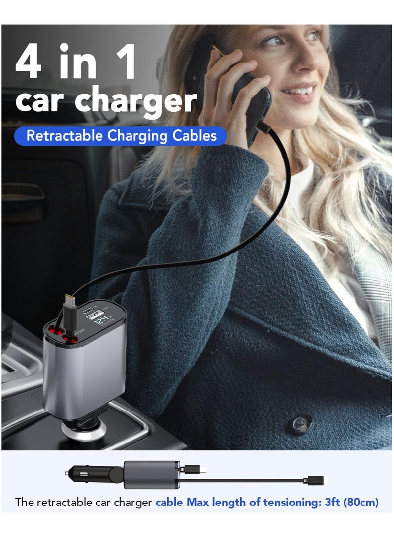 Panvil 120W Retractable Car Charger with Dual USB & Type-C Ports | Fast Charging Adapter for iPhone & Android | Voltage Display | Universal Car Compatibility - Image 5