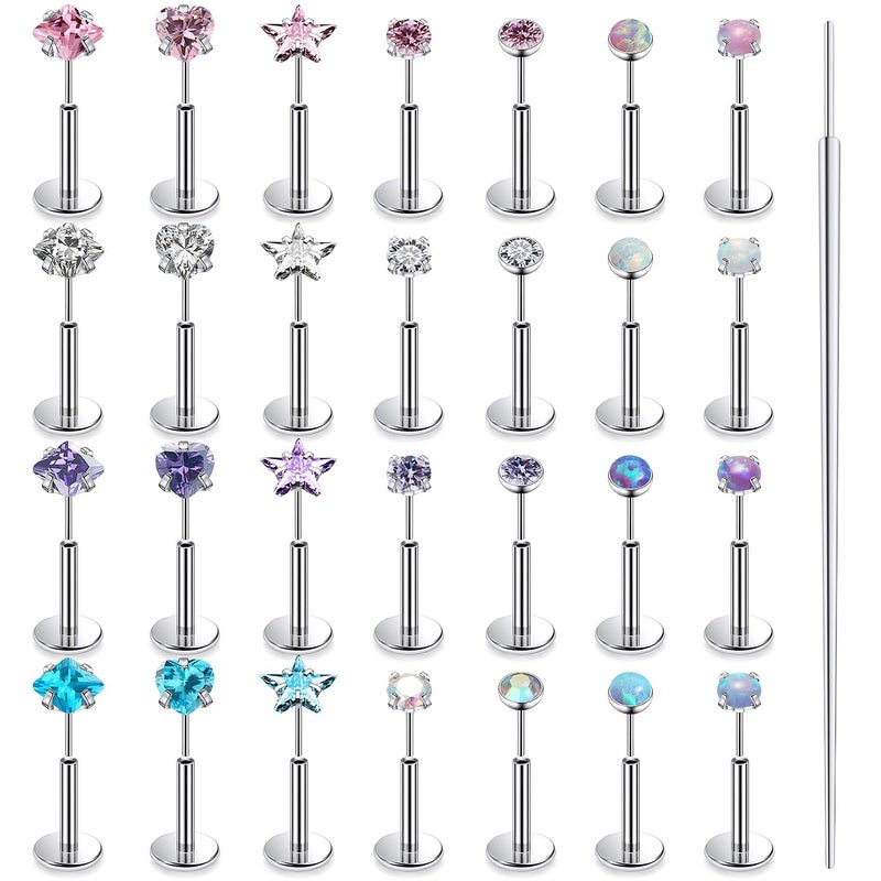 Lsnevsie 16G Threadless Nose Rings Studs Flat Back Earrings Studs Surgical Stainless Steel Opal Heart CZ Nose Rings Stud Tragus Helix Conch Cartilage Earrings Piercing Jewelry For Women Men 8MM Bar - Image 1