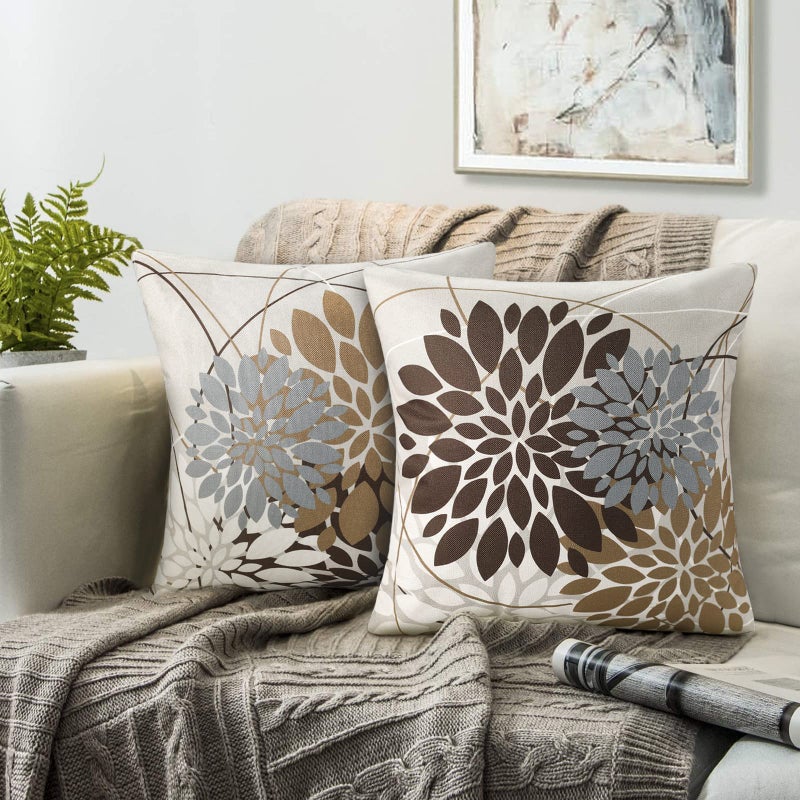 Brown Cushion Covers 45 x 45 Cushion Cover Geometric Flower Pillow Case Modern Decorative Throw Pillow Covers 2 Pack Square Linen Sofa Cushions Cover For Home Living Room Sofa Cushions Decoration