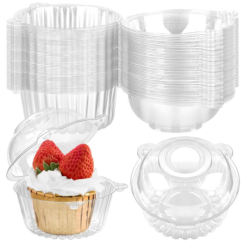 100ct Cupcake Holders Individual Cupcake Containers Disposable Clear Plastic Single Cupcake Carrier with Dome Lid for Dessert ToGo Muffin Cheesecake Pastries