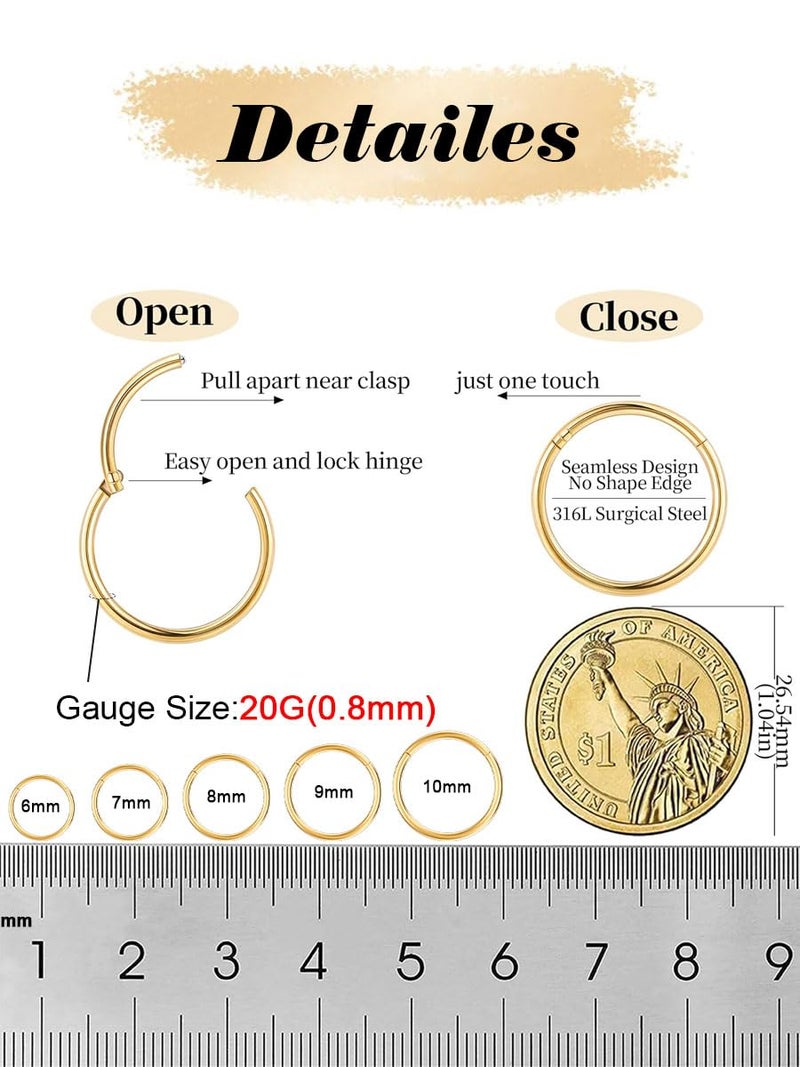 AMASIS 2Pcs 20Gauge Gold Nose Rings Hoops - Men Women 316L Surgical Steel Hinged Nose Ring Hoop for Nostril Septum Cartilage Helix Daith Tragus Rook Conch Lip Ear Lobe Piercings - Image 2