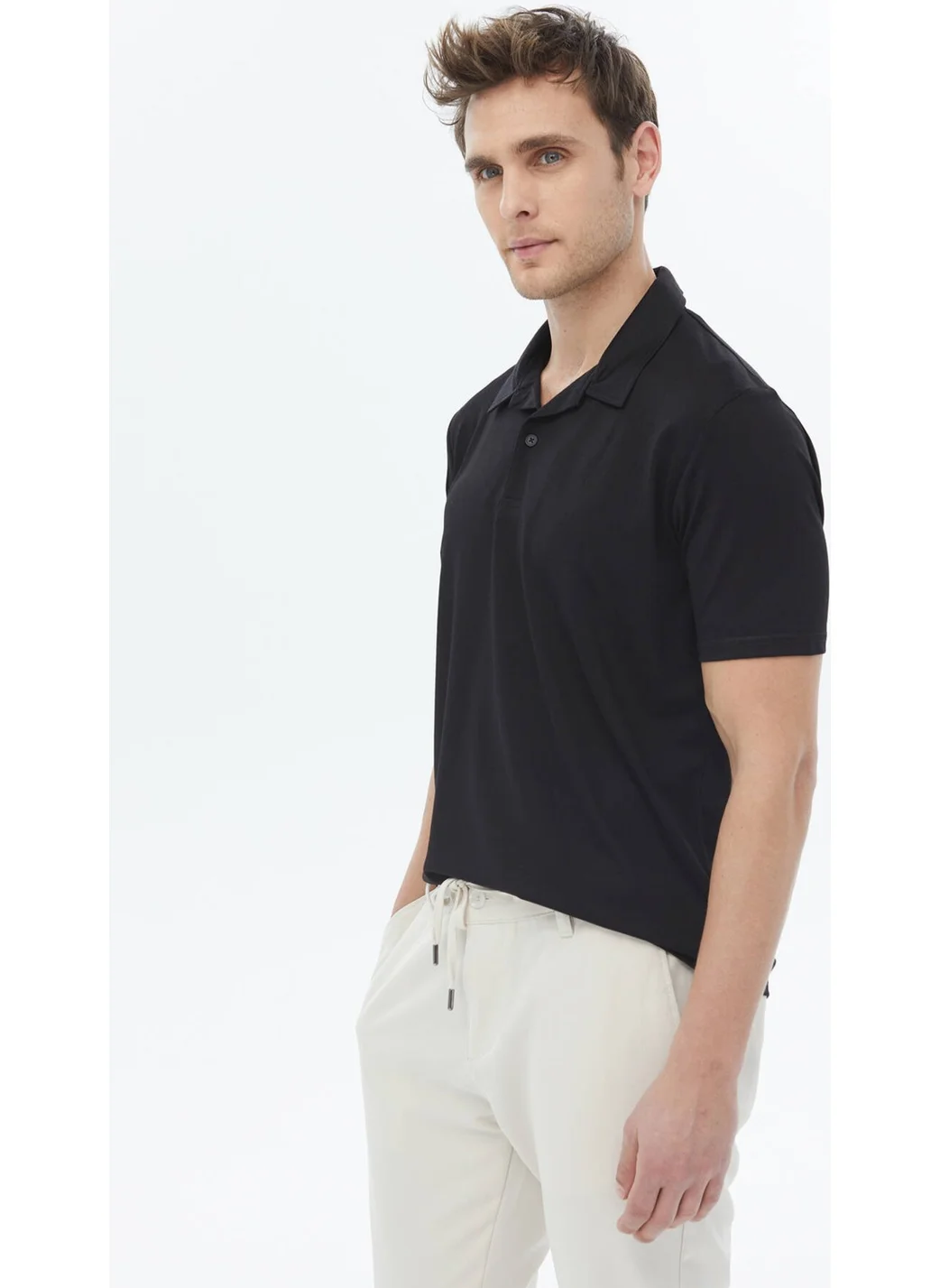 Kip Black Plain Cuban Collar T-Shirt