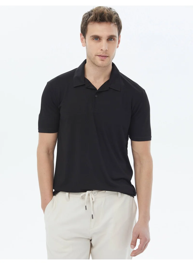 Kip Black Plain Cuban Collar T-Shirt