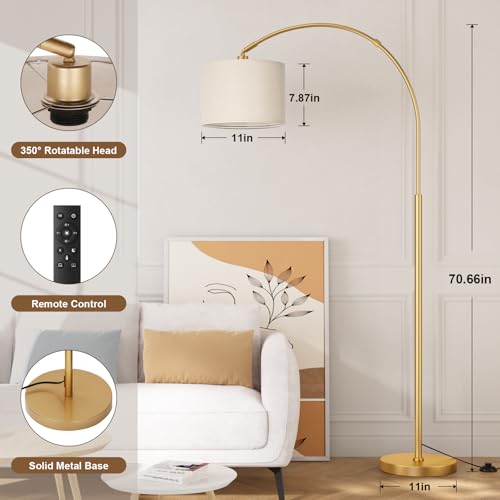 Ambimall Dimmable Arc Floor Lamp with Remote, Color Temperatures and Brightness Adjustable, Arched Floor Lamp with Rotating Head, Over Couch Arched Reading Light for Living Room (Deep Beige and Gold) - Image 2