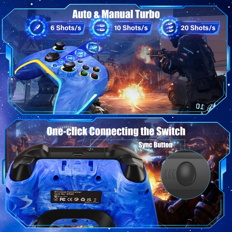 JAVRUNWOF Switch Controller-Wireless-Switch-Pro-Controllers-Blue Compatible with Switch/Lite/OLED,1200mAh Rechargeable Remote Gamepad Joystick with 10 RGB Led Light,6-Axis Gyro,Turbo,Wake Up,Motion - Image 4