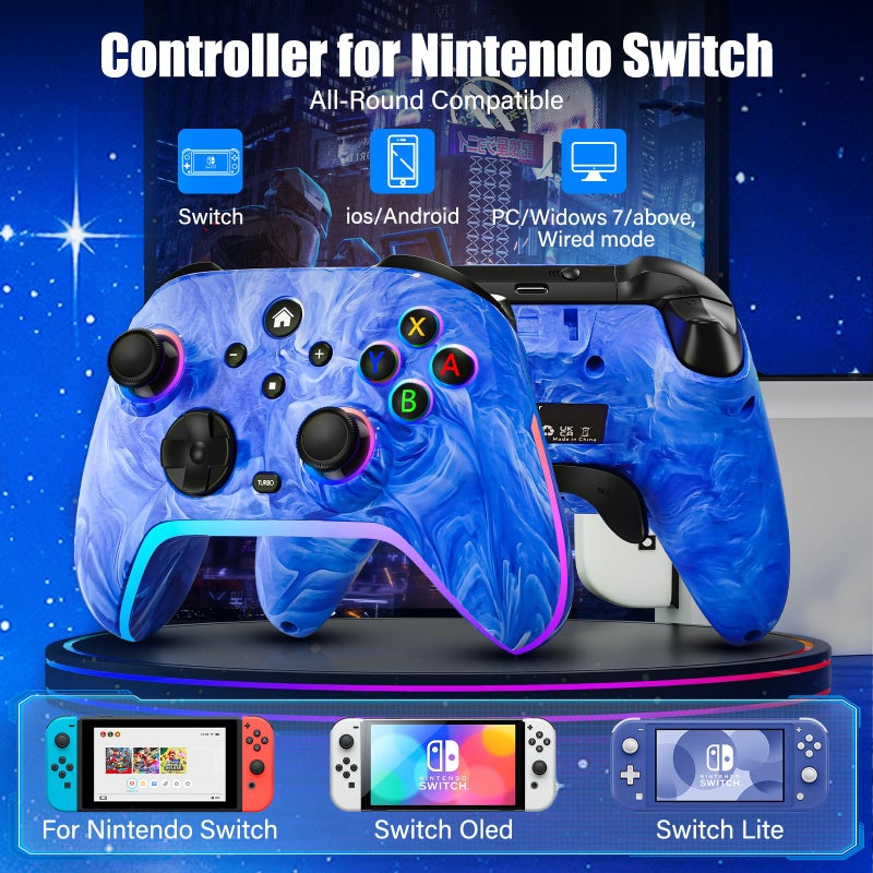 JAVRUNWOF Switch Controller-Wireless-Switch-Pro-Controllers-Blue Compatible with Switch/Lite/OLED,1200mAh Rechargeable Remote Gamepad Joystick with 10 RGB Led Light,6-Axis Gyro,Turbo,Wake Up,Motion - Image 3