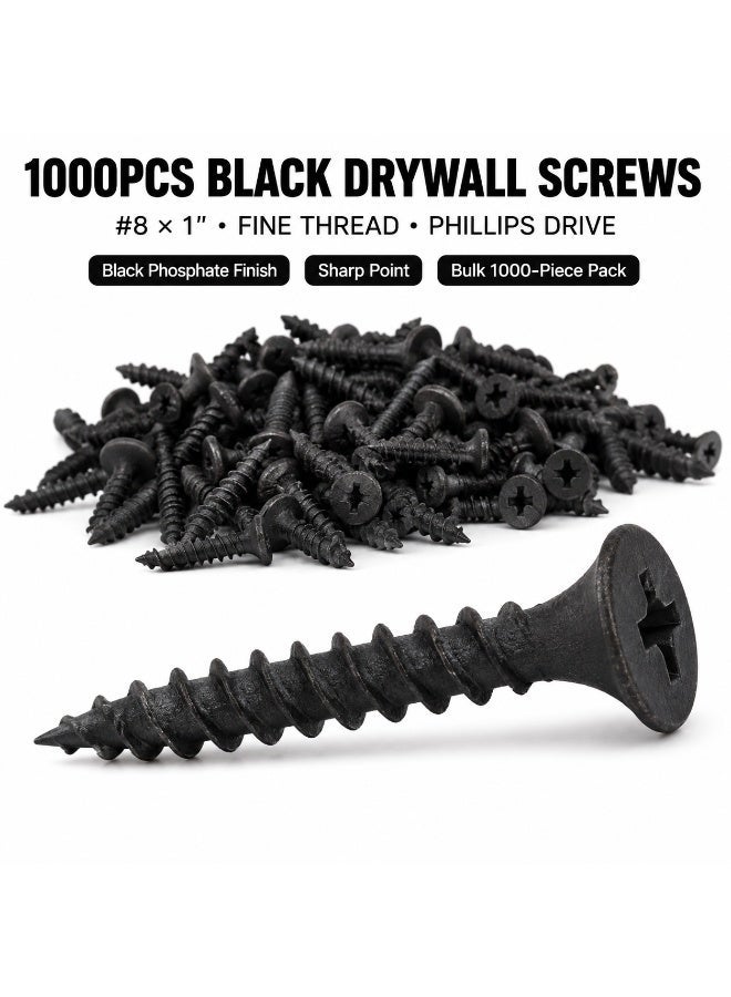 1000PCS #8 × 1 Inch Drywall Screws, 4.2 × 25mm Black Phosphate Fine Thread Bugle Head Phillips Screws for Gypsum Board, Plasterboard, Wood & Interior Construction - Image 1
