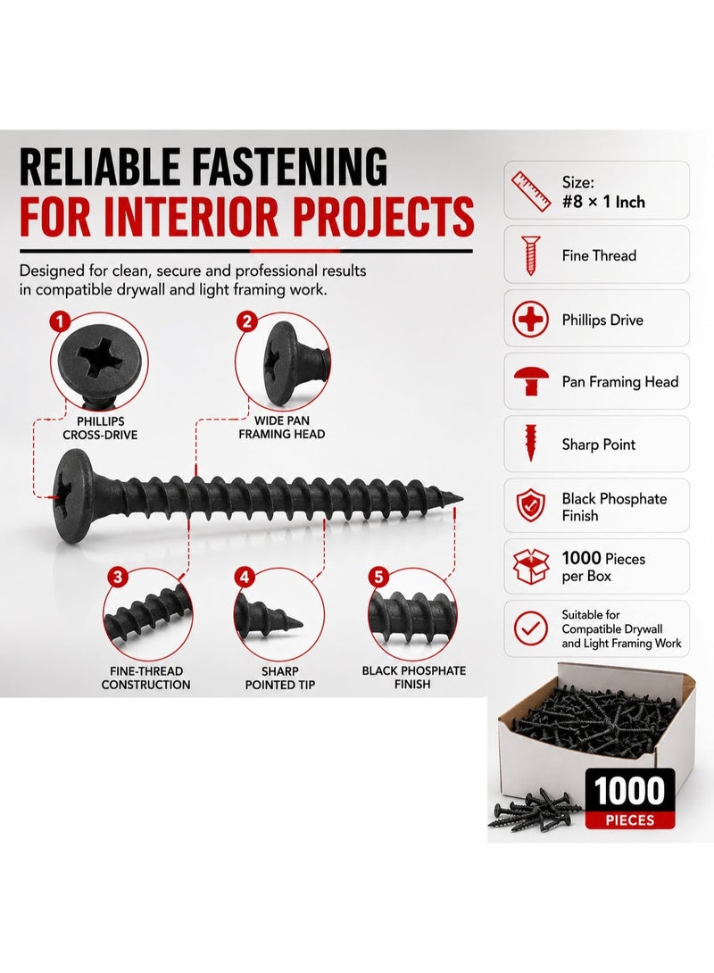 1000PCS #8 × 1 Inch Drywall Screws, 4.2 × 25mm Black Phosphate Fine Thread Bugle Head Phillips Screws for Gypsum Board, Plasterboard, Wood & Interior Construction - Image 3