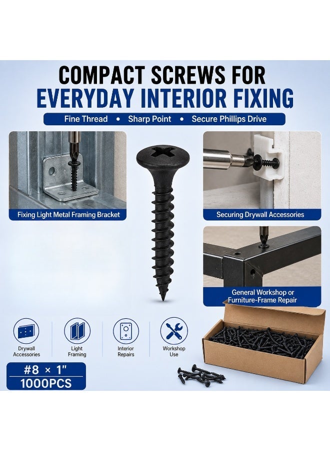 1000PCS #8 × 1 Inch Drywall Screws, 4.2 × 25mm Black Phosphate Fine Thread Bugle Head Phillips Screws for Gypsum Board, Plasterboard, Wood & Interior Construction - Image 2