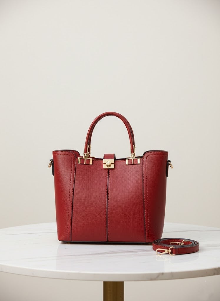Elegant Red Leather Women's Handbag with Detachable Shoulder Strap - Image 2