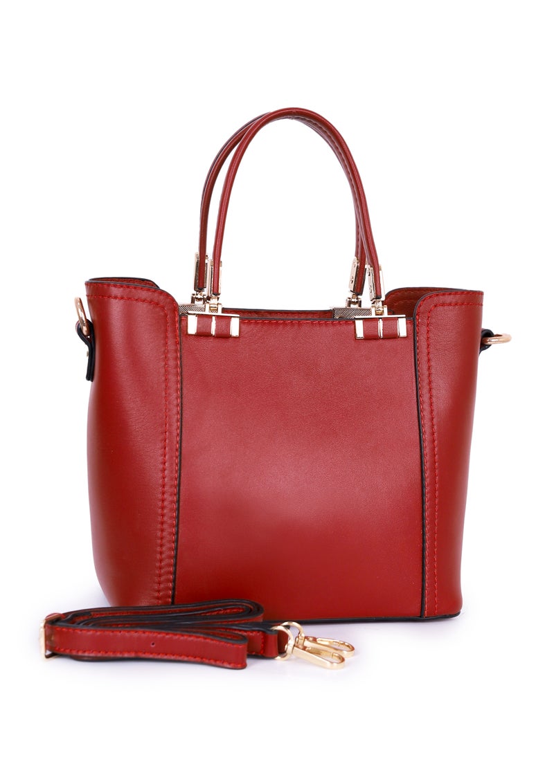 Elegant Red Leather Women's Handbag with Detachable Shoulder Strap - Image 1