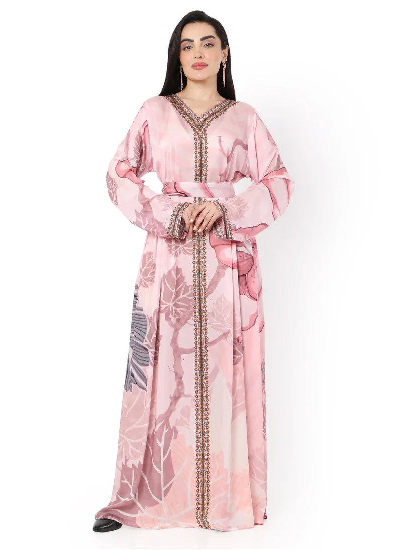 هانا آند سارا LONG FLORAL PRINTED CREPE STYLISH ARABIC KAFTAN JALABIYA DRESS