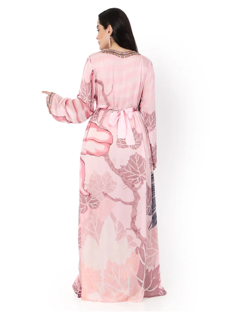 هانا آند سارا LONG FLORAL PRINTED CREPE STYLISH ARABIC KAFTAN JALABIYA DRESS