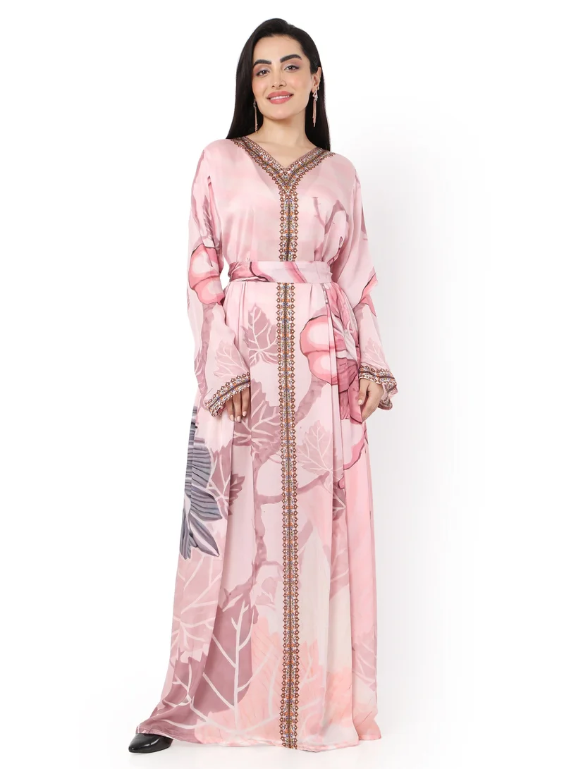 HANA & SARA LONG FLORAL PRINTED CREPE STYLISH ARABIC KAFTAN JALABIYA DRESS