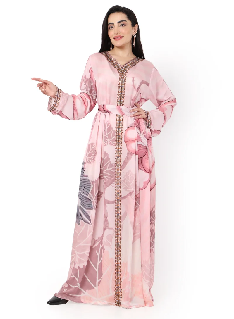 HANA & SARA LONG FLORAL PRINTED CREPE STYLISH ARABIC KAFTAN JALABIYA DRESS