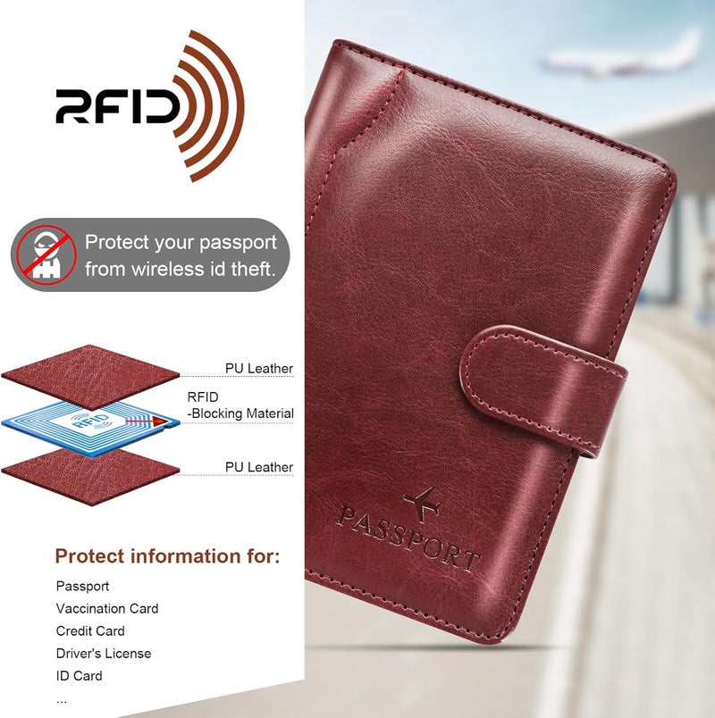 Herain Passport Holder & Case - Family Travel Combo With Passport & Vaccine Card Holder, D-magnetic clasp-burgundy, Magnetic Clasp - Image 5