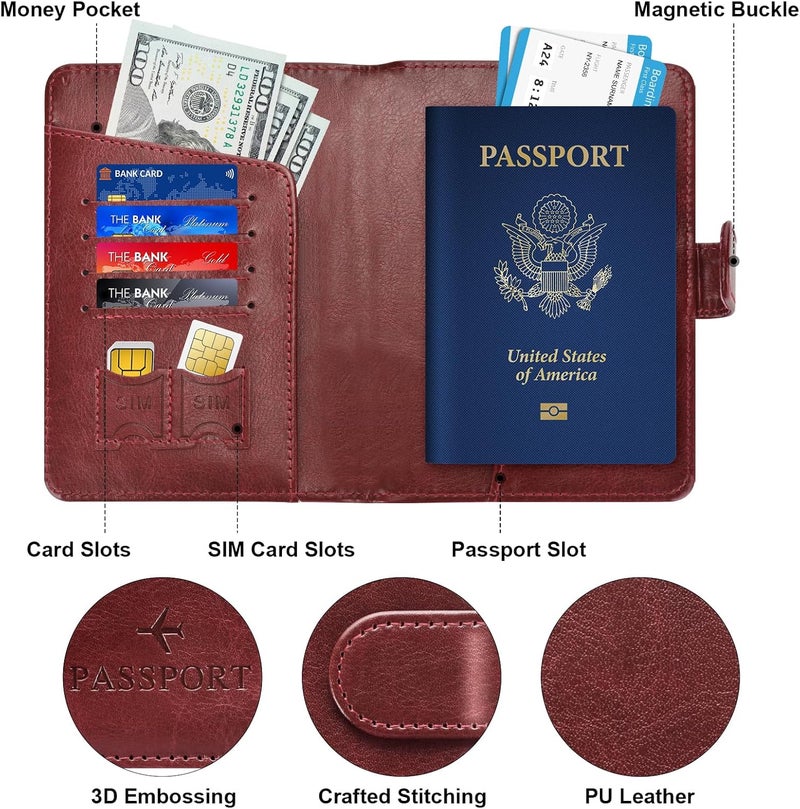 Herain Passport Holder & Case - Family Travel Combo With Passport & Vaccine Card Holder, D-magnetic clasp-burgundy, Magnetic Clasp - Image 4