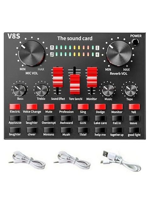 V8S Live Sound Card Bluetooth Sound Mixer Board 3.5mm Audio Interface Live Sound Card with 16 Sound Effects 6 Connecting Methods Dual DSP Noise Reduction Chip For Live Streaming Recording Game PC