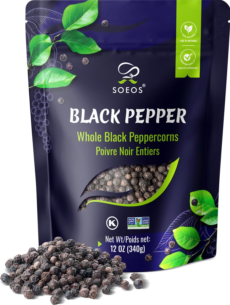 Soeos Black Peppercorns, 12oz (Pack of 1), Whole Black Pepper, Non-GMO, Kosher, Freshly Peppercorn Bulk, Packed to Keep Peppers Fresh, Ready to Use Corns for Grinder Refill - Image 1
