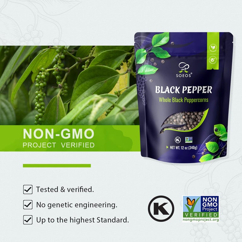 Soeos Black Peppercorns, 12oz (Pack of 1), Whole Black Pepper, Non-GMO, Kosher, Freshly Peppercorn Bulk, Packed to Keep Peppers Fresh, Ready to Use Corns for Grinder Refill - Image 4