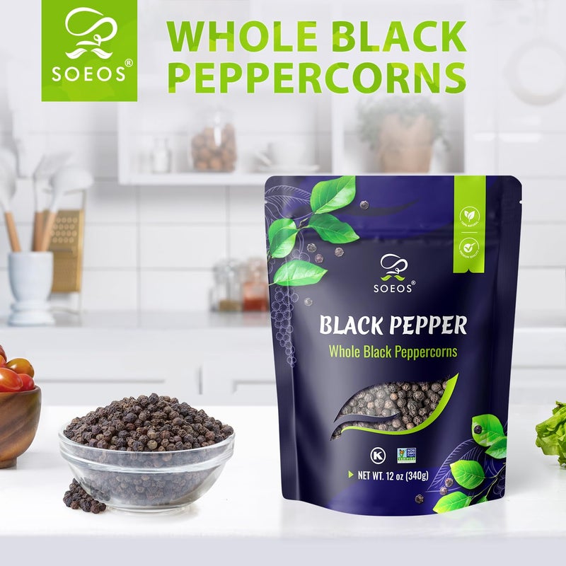 Soeos Black Peppercorns, 12oz (Pack of 1), Whole Black Pepper, Non-GMO, Kosher, Freshly Peppercorn Bulk, Packed to Keep Peppers Fresh, Ready to Use Corns for Grinder Refill - Image 3