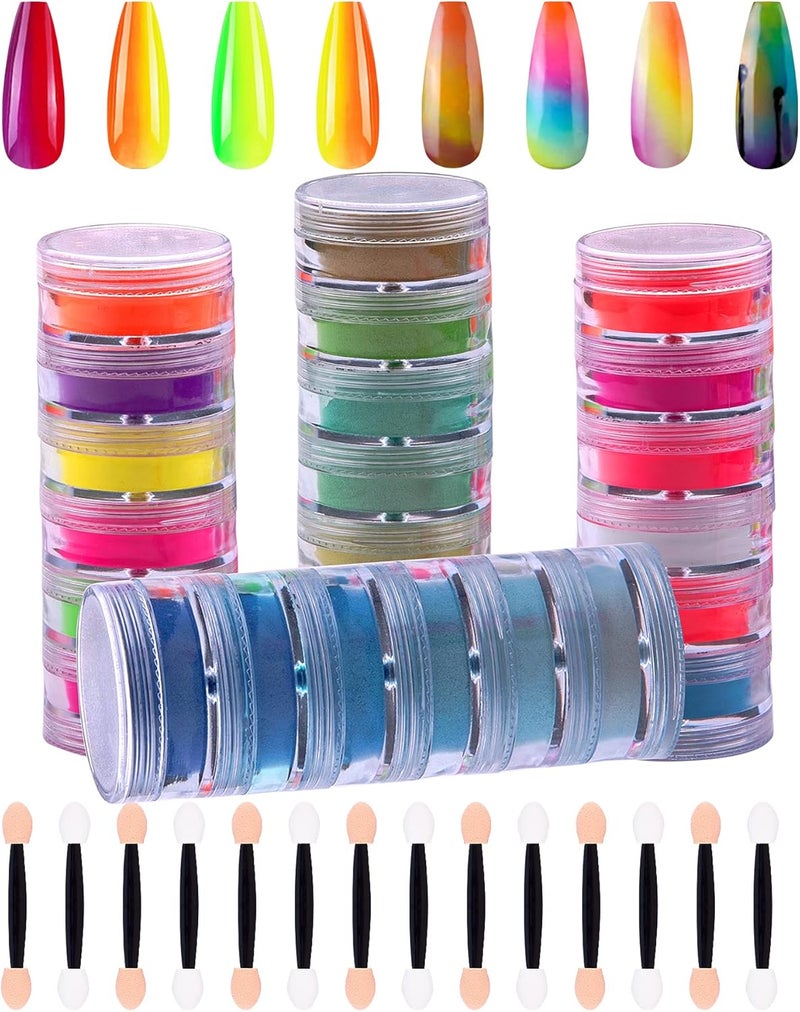 Duufin 24 Colors Nail Pigment Powder Colorful Fluorescent Powder Iridescent Glitter Pearlescent High-Gloss Halo Powder with 24pcs Eyeshadow Sticks for Nail Art, Body and Crafts