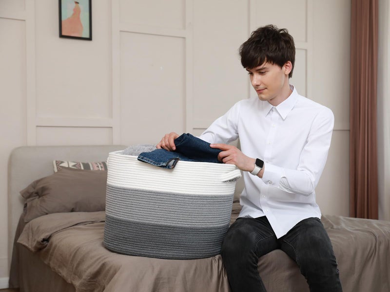 Cottonphant 20" x 20" x 15" Extra Large Storage Basket with Lid, Cotton Rope Storage Baskets, Laundry Hamper, Cloth Bin, for Clothes Towels Blankets Pillows Storage in Living Room, Light Grey/Grey with Cover - Image 2