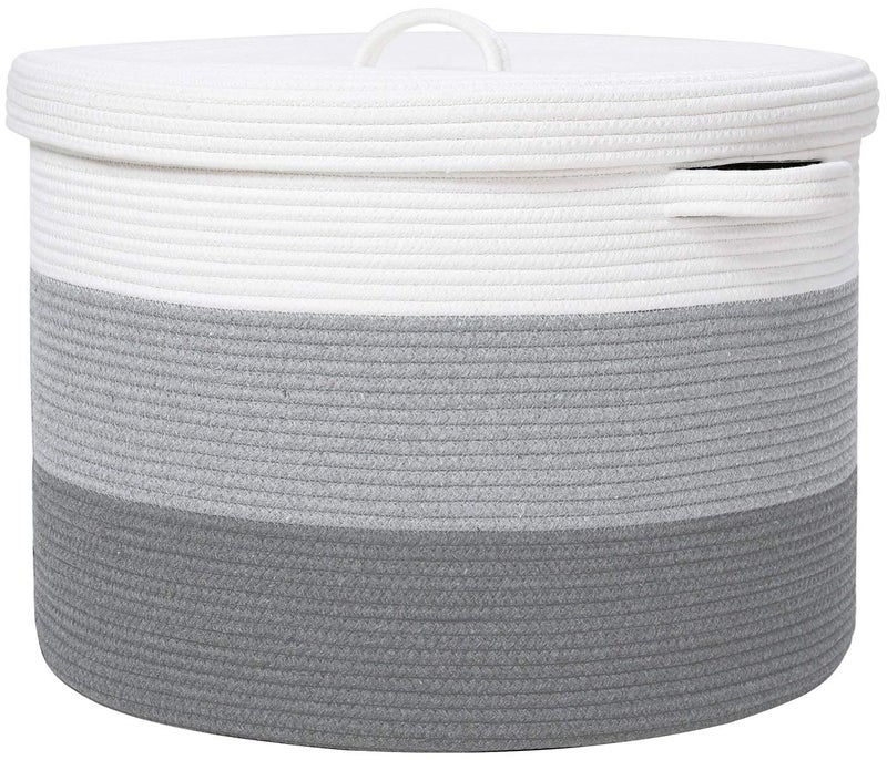 Cottonphant 20" x 20" x 15" Extra Large Storage Basket with Lid, Cotton Rope Storage Baskets, Laundry Hamper, Cloth Bin, for Clothes Towels Blankets Pillows Storage in Living Room, Light Grey/Grey with Cover - Image 1