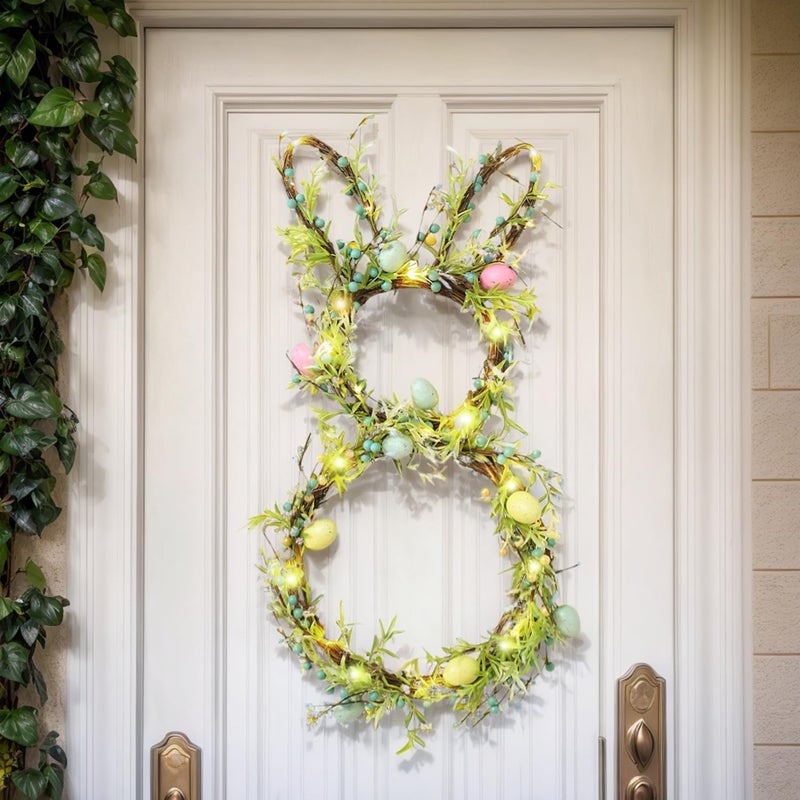 AOMOONOA [Timer] Easter Bunny Wreath for Front Door, Lighted Easter Wreaths with 30 LED Warm Lights, Foldable Bunny Wreaths, Pre-Lit Easter Egg Wreath for Spring Decor - Image 1